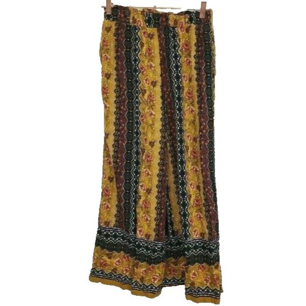 New Look Womens Flared Leg Ankle Pants Medium Yellow Floral BOHO Festival Casual